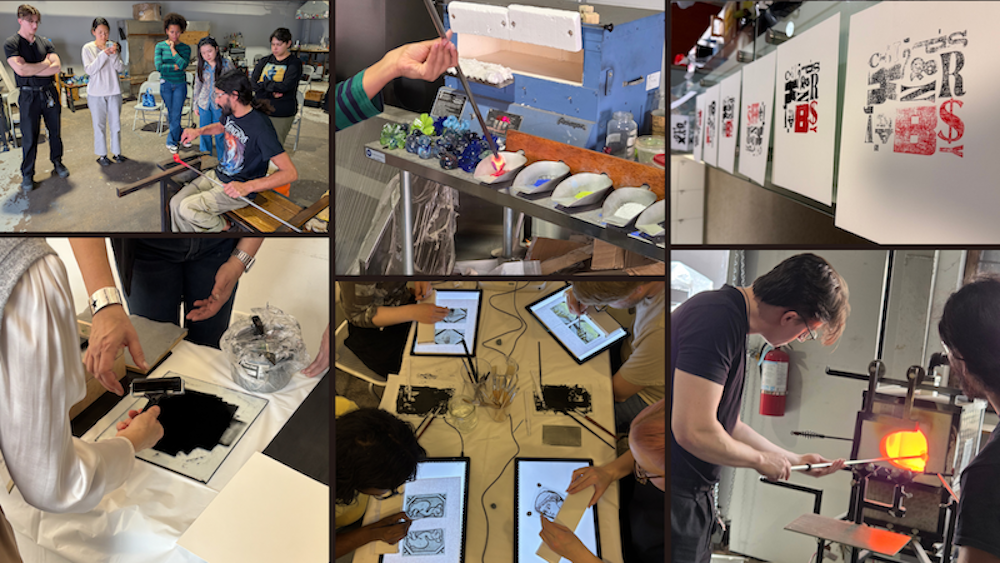 Collage of glass blowing, painting, and printmaking 