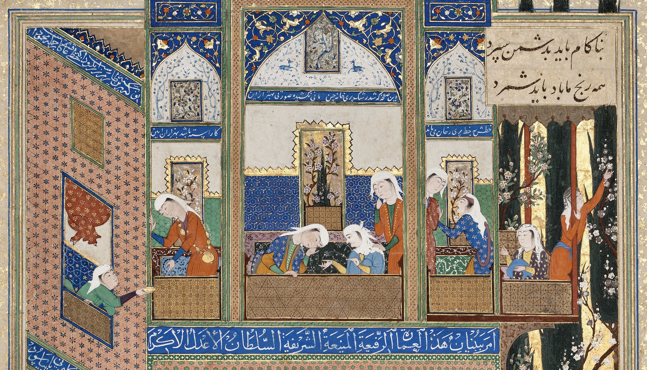 “Rudaba’s Parents Converse about her Love for Zal”, folio 77v from the Shahnama of Shah Tahmasp, attributed to ‘Abdal-‘Aziz under the direction of Sultan Muhammad (both Persian, active first half of 16th century), Iran, c. 1520–1540, ink, opaque watercolor, gold, and silver on paper, The Hossein Afshar Collection at the Museum of Fine Arts, Houston